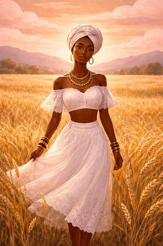 Afrikaanse vrouw in een goudkleurig graanveld