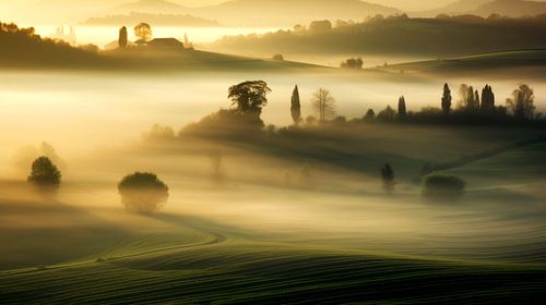 Enchanting Sunrise in the Misty Hills landscape