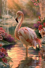 Flamant rose et fleurs tropicales