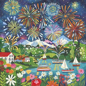 Feu d'artifice au-dessus d'un lac de montagne avec des voiliers et des fleurs
