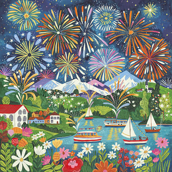 Feuerwerk über einem Bergsee mit Segelbooten und Blumen