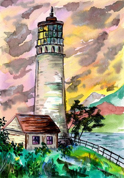 Coucher de soleil sur un phare par Sebastian Grafmann