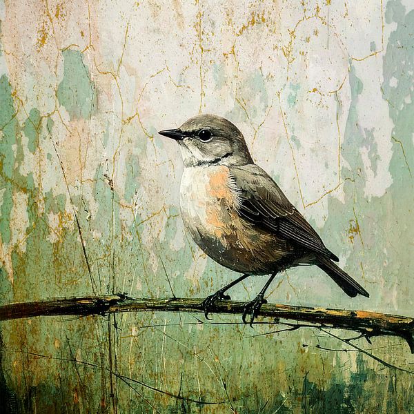 Rural and rustic painting: Bird on branch by Studio Pieternel