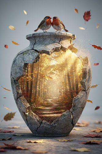 Stilleven landelijk – vaas met bos en roodborstjes