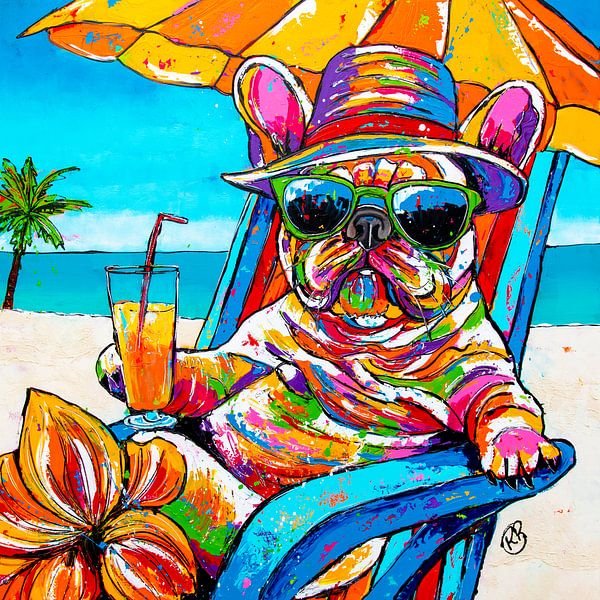 Bulldog's Strandgeluk van Happy Paintings / Renata Rolefes
