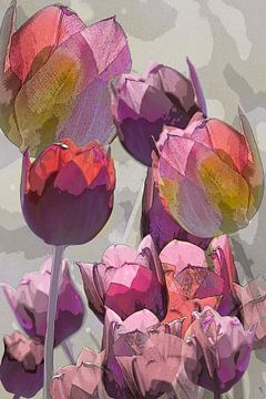Présentoir de tulipes. En gris, violet, rose et rouge. sur Alie Ekkelenkamp