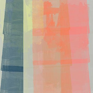Moderne abstracte kunst in pastelkleuren. Blauw, neon oranje en roze. van Dina Dankers