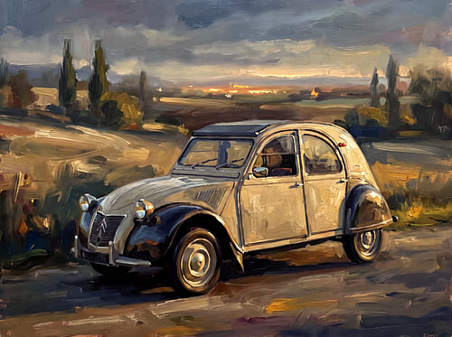 Citroën 2CV at Dusk Among Cypresses