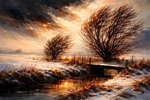 Winterlandschap bij zonsondergang