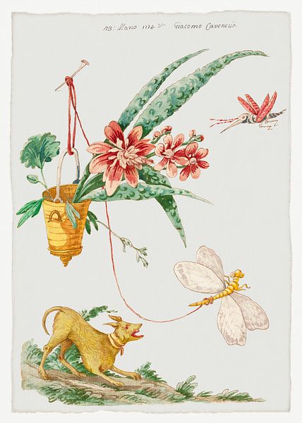 Blumendesign mit Hund und Insekten, Giacomo Cavenezia von Meesterlijcke Meesters