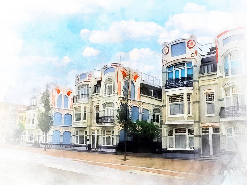 Watercolour image of the Art-nouveau buildings in the Spuistraat, Vlissingen, Zeeland by Danny de Klerk