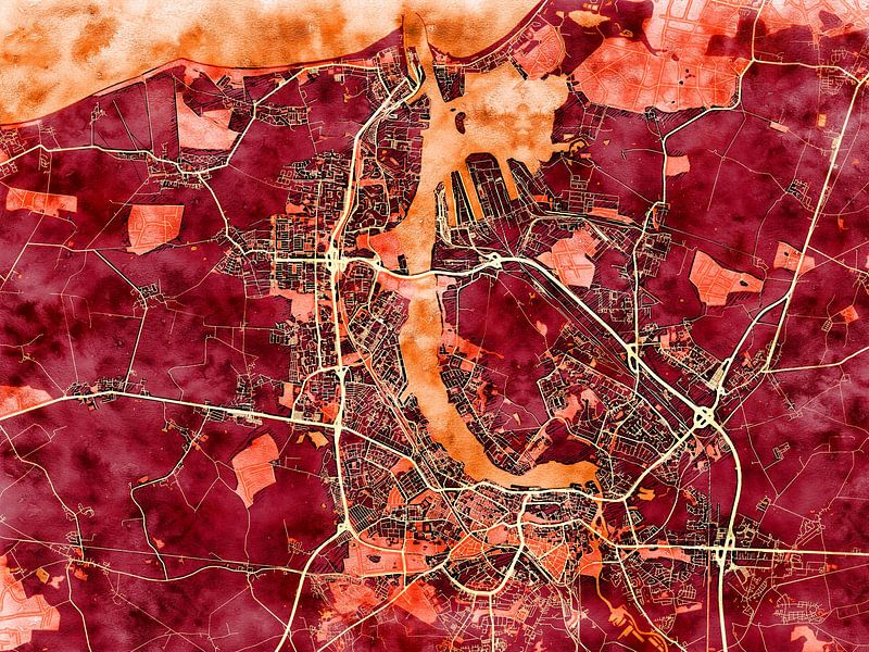 Map of Rostock with the style 'Amber Autumn' by Maporia