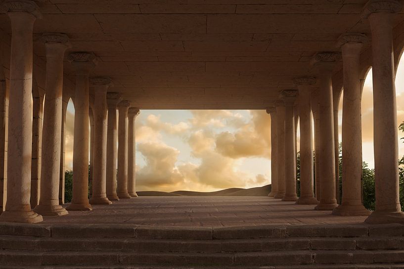 Oude stoa met Ionische zuilen en uitzicht op het wolkenlandschap van Besa Art