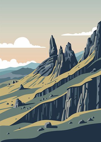 Flache Vektorillustration der Naturlandschaft mit den zerklüfteten Felsformationen des „Old Man of Storr“'in Schottland