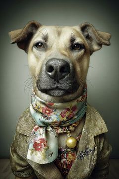 Der gelehrte Hund - Vermeer-Stil mit geblümtem Halstuch