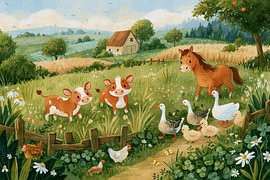 Les amis de la ferme – Une vie joyeuse pour les animaux dans les prés en été sur Floral Abstractions