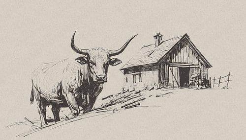 Schotse hooglander bij houten schuur - tekening op papier met taupe achtergrond