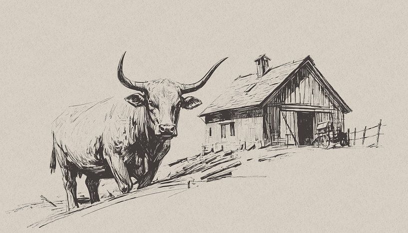 Highlander écossais près d'une grange en bois - dessin sur papier avec fond taupe par Emiel de Lange