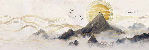 Gouden bergen rijzen op uit een zee van wit rijstpapier, geschilderd met fijne Chinese inkt