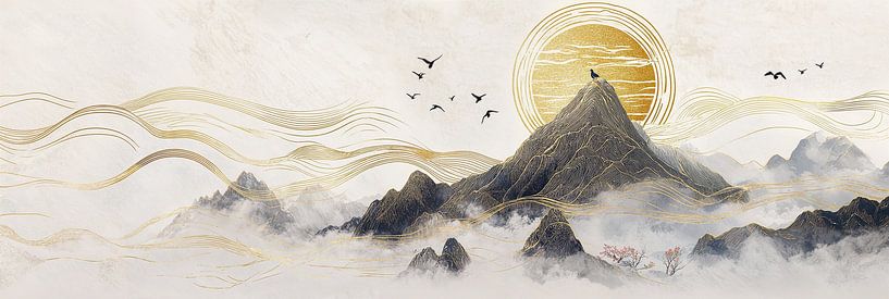 Des montagnes dorées s'élèvent d'une mer de papier de riz blanc, peintes à l'encre de Chine. par Digitale Schilderijen