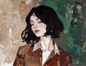 triptyque - 3 de 3 - portrait femme aux cheveux noirs - rouille brun vert et beige