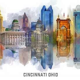 L'horizon de Cincinnati à l'aquarelle avec des symboles architecturaux sur MArt
