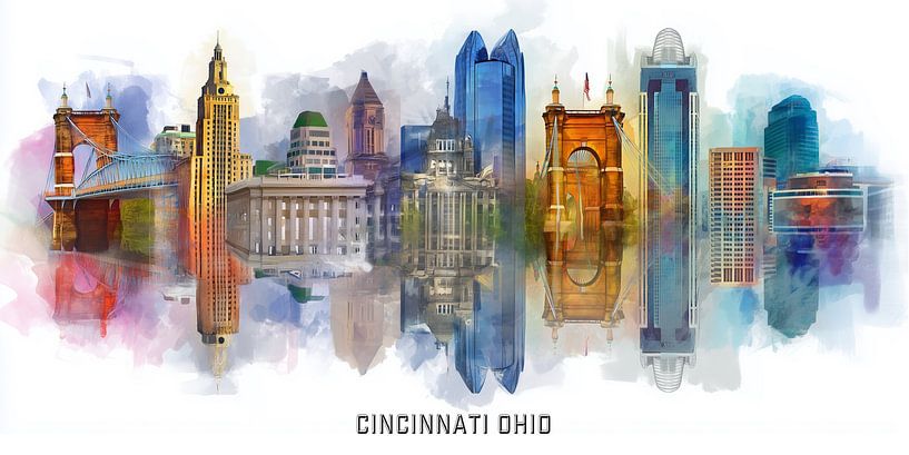 Watercolour skyline of Cincinnati with architectural landmarks by MArt
