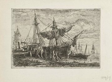 Hendrik Frans Schaefels, Ship docked at a loading dock, 1864