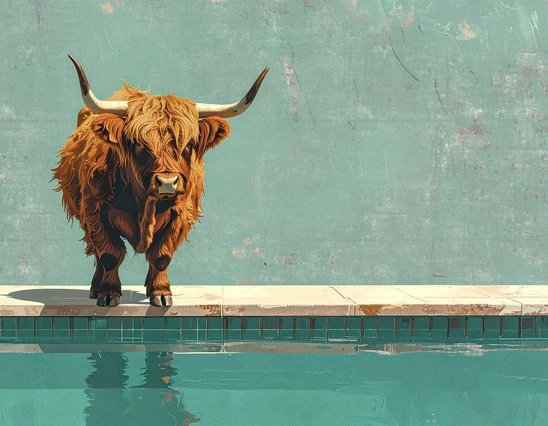 Scottish highland cow by the pool 3 of 4 by Emiel de Lange