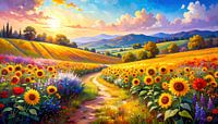 Zonnebloemen in het licht van het afscheid - Een nazomerpanorama tussen wilde bloemen, zachte paden en de gouden gloed van de ondergaande dag