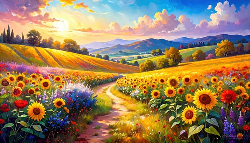Zonnebloemen in het licht van het afscheid - Een nazomerpanorama tussen wilde bloemen, zachte paden en de gouden gloed van de ondergaande dag