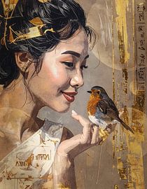 Robin and Asian woman – artwork in gold and taupe – about love for animals by Emiel de Lange