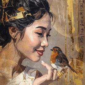 Rotkehlchen und asiatische Frau – Kunstwerk in Gold und Taupe – über die Liebe zu Tieren von Emiel de Lange