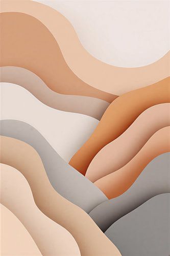 Warme Beige- und Grautöne in abstrakten, überlagerten Wellen – moderne Wanddekoration im minimalistischen 3D-Papierschnitt-Stil mit Landschaften in Erdtönen