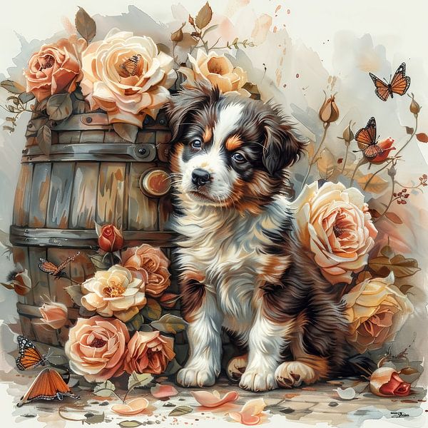 dogs-cats-birds-wine-barrel-butterflies-flowers by Gelissen Artworks