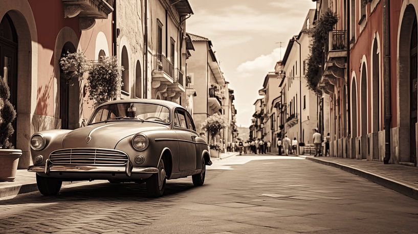 Oldtimer in een Italiaanse straat, monochroom sepia van Animaflora PicsStock