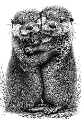 Knuffelende otters die elkaar omhelzen Vintage lijntekening