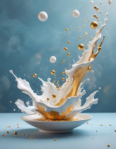 een witte kom met opspattende witte verf en goud.