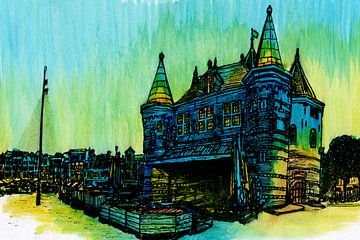Aquarel Schilderij De Waag Nieuwmarkt Amsterdam Blauwe Uur van Hendrik-Jan Kornelis