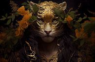 Tiger mit goldener Maske und gelben Blumen und grünen Blättern von Digitale Schilderijen Miniaturansicht