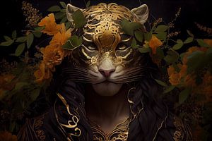 Tiger mit goldener Maske und gelben Blumen und grünen Blättern