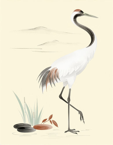 Een elegante kraanvogel in een rustig natuurlandschap