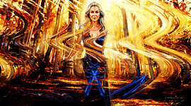 Guardian of the Golden Autumn – Elegant Woman in a Whirl of Light (Mystical Fine Art Oil Painting)