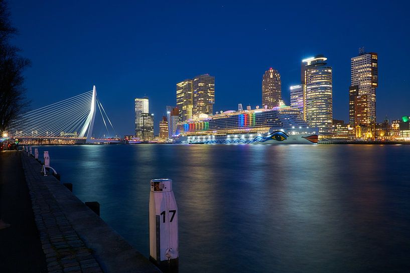 Skyline Rotterdam Kop van Zuid met cruise schip op de Nieuwe Maas van Ad Jekel