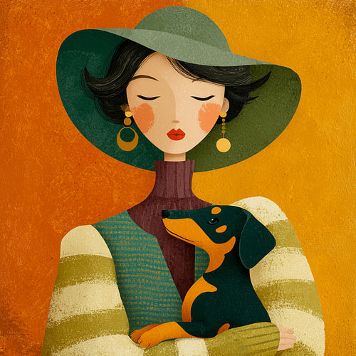 Woman with Dog – Colourful Portrait featuring a Dachshund in Warm Earth Tones
