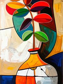 Nature morte abstraite et joyeuse : Plante dans un vase en couleurs saturées sur Studio Pieternel
