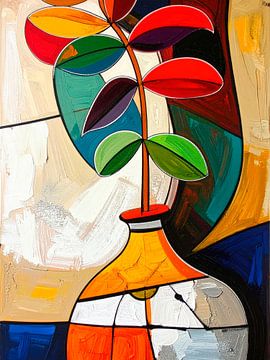 Cheerful abstract still life: Plant in vase in saturated colours