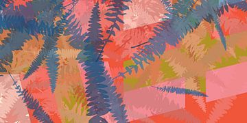 Colorful abstract botanical art. Fern leaves in blue on pink and red by Dina Dankers