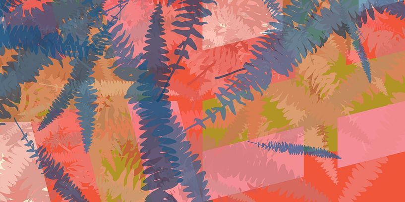Bunte abstrakte botanische Kunst. Farnblätter in Blau auf Rosa und Rot von Dina Dankers
