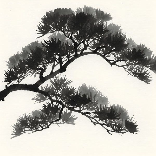 Ink Wash Malerei Stil Tannenzweig Elegant Asiatisch Inspiriert Illustration von maulana risyad